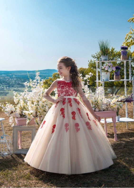 Red Lace Champagne Tulle Corset Back Gorgeous Flower Girl Dress